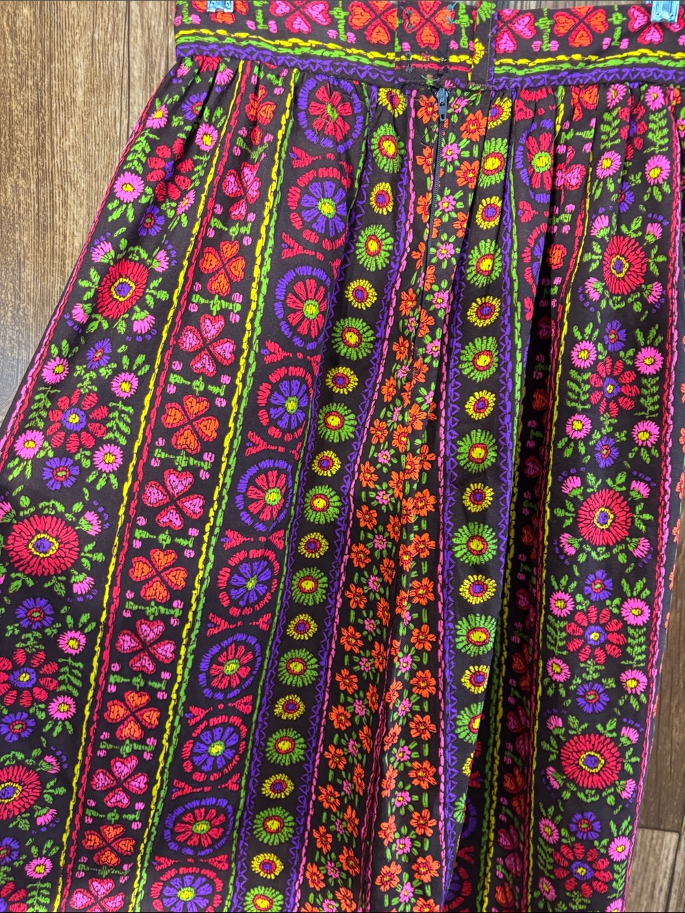 Colorful Embroidered Floral Midi Skirt in Black, Pink & Orange - Picture 3 of 4